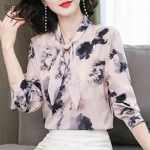 

elegant silk shirt women's autumn 2021 long sleeve bow printing ink loose women pink blouse chemisier femme 10649 blouses & shirts, White