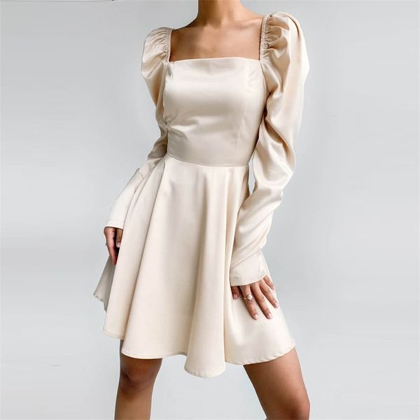 Muichos elegante colarinho quadrado cetim mini vestido mulher cordeiro perna manga volta dobra a cintura alta a linha vestido primavera 210715