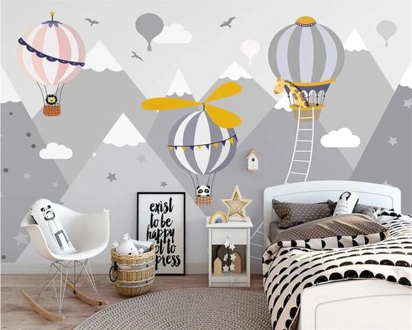 

custom modern nordic hand-painted air balloon small animal children's room interior background self adhesive wallpaper 3d wallpapers