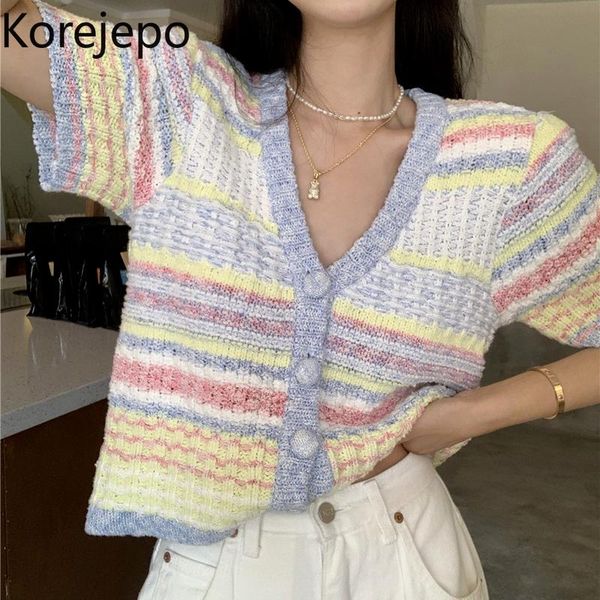 

women's knits & tees korejepo women rainbow stripes short-sleeved knitted cardigan 2021 early autumn korean chic sweet retro v-neck loo, White