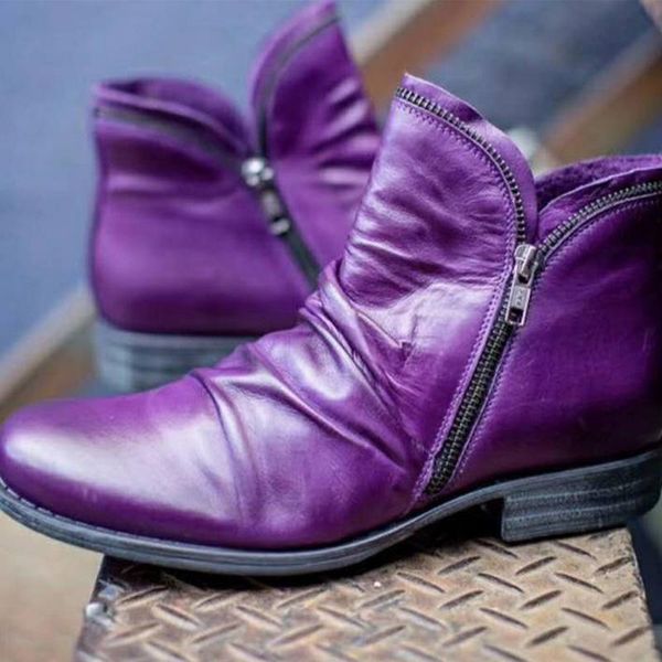 

boots women 2021 leather ankle flat shoes autumn winter platform snow zipper punk ladies botas mujer, Black