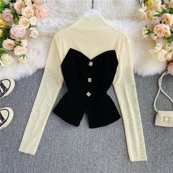 

women's knits & tees retro elegant mesh stitching long-sleeved diamond buckle waist velvet ruffled casual blouse p258 7x, White
