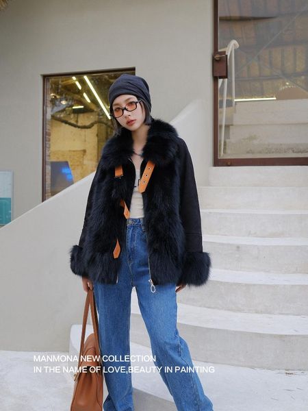 

women's fur & faux parka mid-length coat fashionable all-matching classic winter clothes women coats, Black