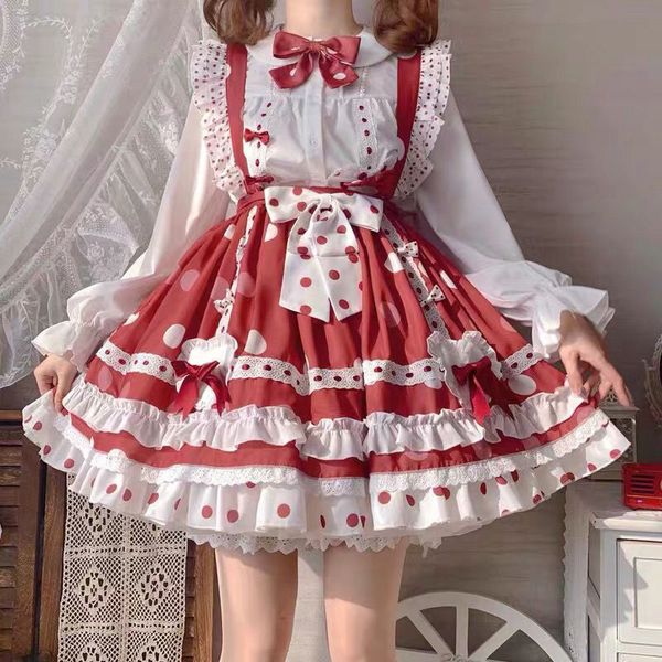 

japanese cute gothic lolita strawberry dress set summer sweet girl jk uniform harajuku maid sling suit 210510, Black;gray