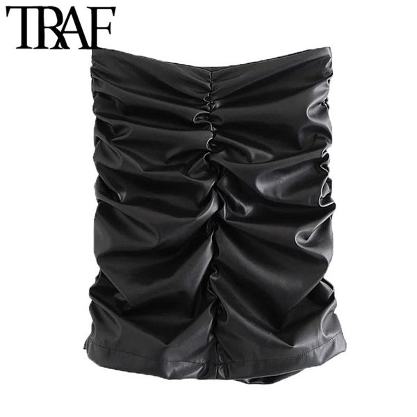 

traf women chic fashion faux leather drape mini skirt vintage high waist back zipper female skirts mujer 210415, Black