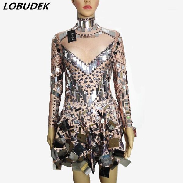 

silver sequins sparkling mirrors dress nightclub bar dj ds costumes female singer leading party performance one piece, White;black