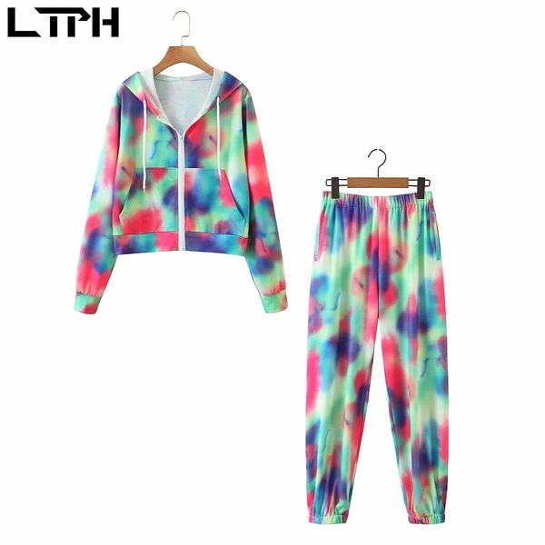 

stayhome style tie-dye outfits women tracksuit 2 piece set loose zipper hoodie high waist elastic pant sets spring 210427, White