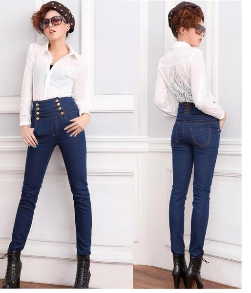 

women's jeans four seasons fashion women double breasted decoration high waist elastic slim casual pencil pants, Blue