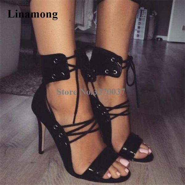 

dress shoes women summer fashion open toe black pattern leather lace-up gladiator sandals ankle wrap thin heel high