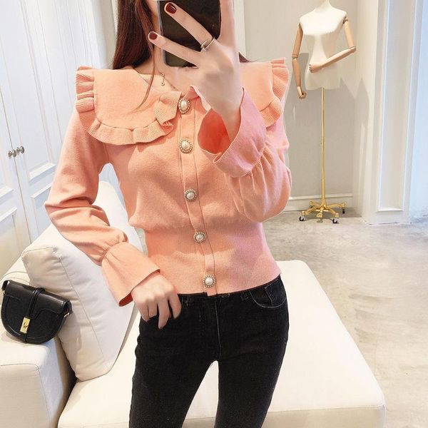 

spring korean fashion doll women sweaters collar temperament bell sleeve solid knit cardigan, White;black
