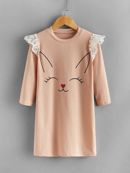 

toddler girls cartoon rabbit print guipure lace trim dress she, Red;yellow