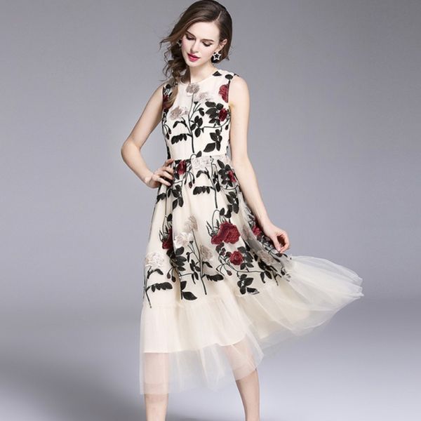 

white mesh embroidery big swing women dress luxury summer sleeveless rose floral party dress vintage o neck vestidos 210514, Black;gray