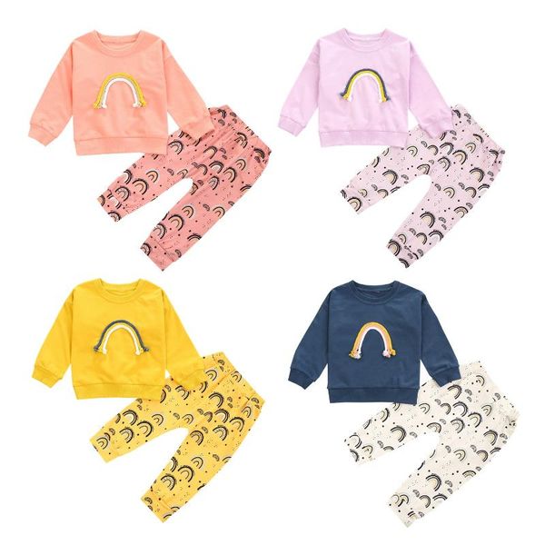 

baby girl autumn and winter clothes casual long sleeve round neck rainbow pullover printing pants 2pcs outfits clothing sets, White