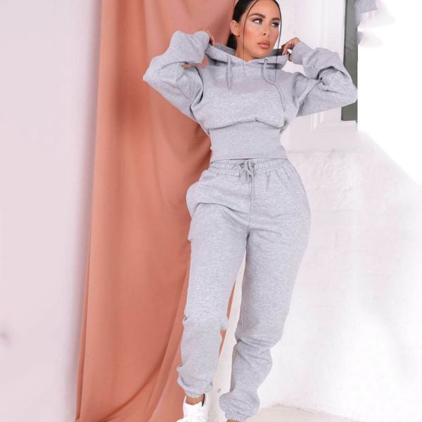 

independent station foreign trade women's autumn and winter new hooded sweater suit two-piece, Gray
