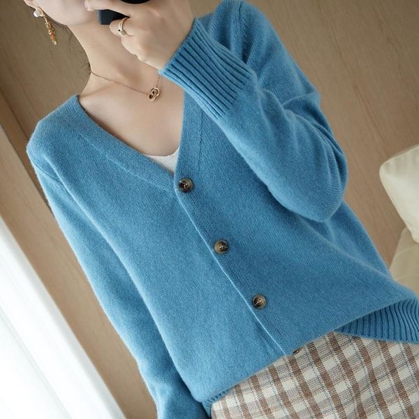 

women's knits & tees 2021 spring and autumn cashmere cardigan short v-neck solid color jacket loose base shirt 100%wool coat casual top, White