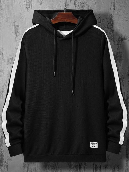 

men letter patched contrast panel hoodie m1fl#, Black
