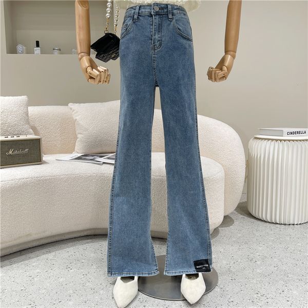 

female spring niche fashion design high waist loose leg straight to the floor blue jeans