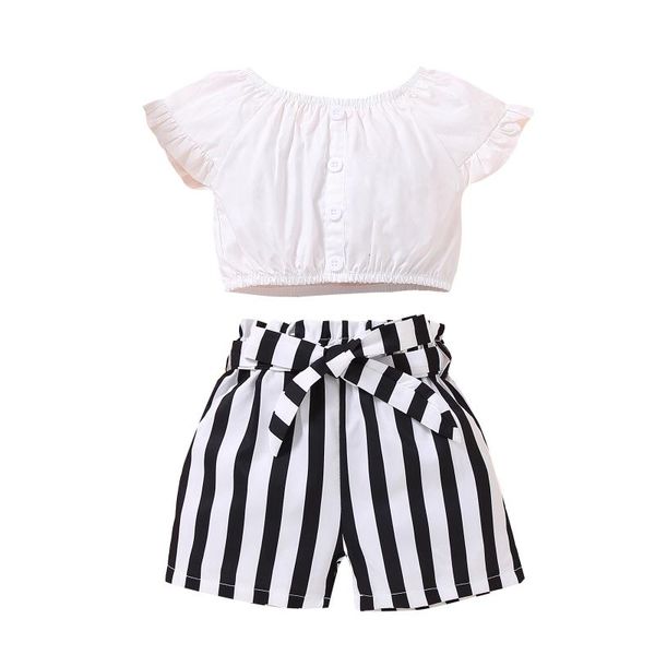 

baby girls summer two-piece clothes set fashion solid color round collar short sleeve + shorts 2-6t outfits clothing sets, White