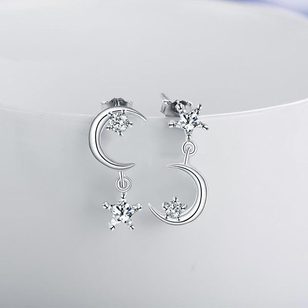 

dangle & chandelier korean fashion style 925 silver antiallergic stud earring for women asymmetric star and moon earrings fine valentine&#03