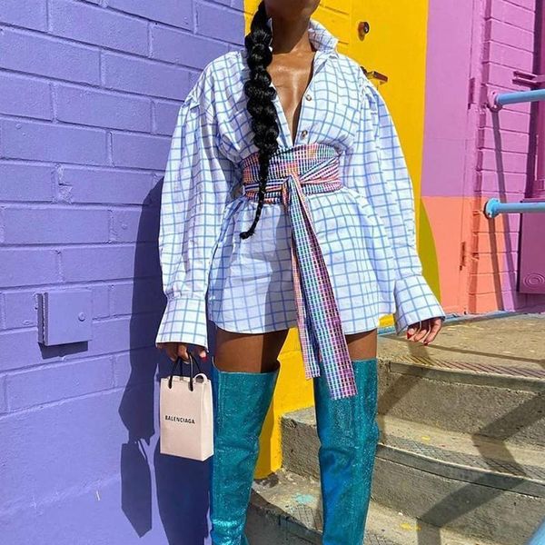 

women's blouses & shirts women long sleeve tight waist design plaid print pullover casual loose turn-down collar single-breasted blouse, White