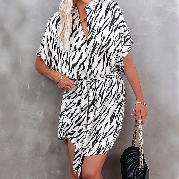 

casual dresses zebra pattern print short sleeve summer irregular loose dress women comfortable mini high street wear, Black;gray