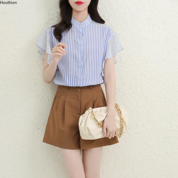 

women's blouses & shirts chiffon loose casual blouse fashion short sleeve stripe stand-up collar shirt summer houthion, White