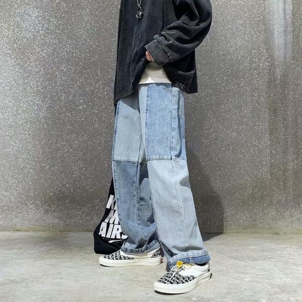 

men's jeans men jean patchwork straight campus casual trousers male students youthful vitality cowboy pants loose denim streetwear, Blue