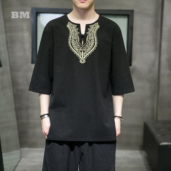 

men's t-shirts summer chinese style embroidery oversized t shirt male 2021 harajuku cotton linen half sleeve plus size tee men clothing, White;black