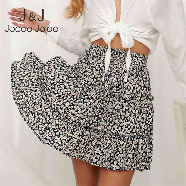 

jocoo jolee women summer floral print pleated mini skirt elegant high waist short beach holidays casual boho cotton 2xl 210708, Black