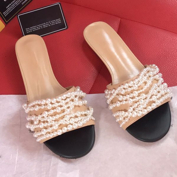 

sandals summer slippers female designer luxury shoes sweet pearl flat peep toe slides casual women's tbvd, Black