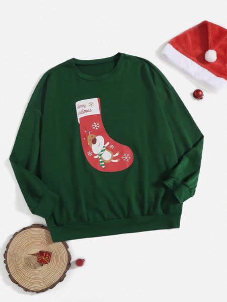 

plus christmas elk & snowflake print pullover o8af#, Black