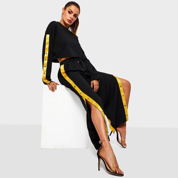 

trendy brand casual tracksuit women cropped sweatshirt split sweatpants jogger two piece set sportswear street spring black sets women', White