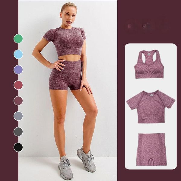 

yoga outfit seamless women three piece set workout shirts sport short pants bra gym clothing high waist running leggings sports
