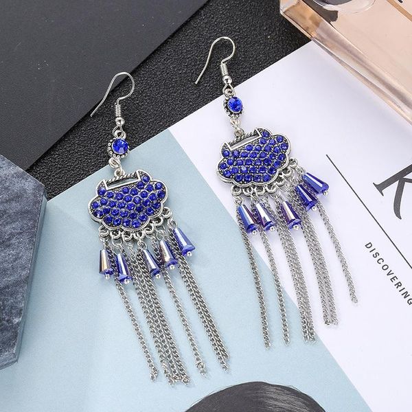 

stud creative personality long life lock retro tassel earrings female full diamond chinese style temperament wholesale, Golden;silver