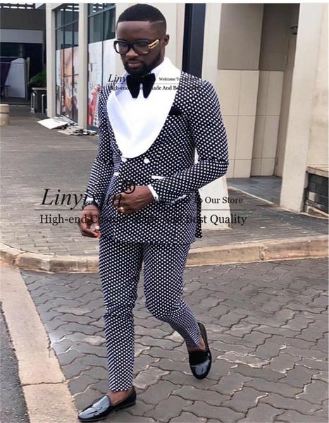 

men's suits & blazers fashion dot black men suit double breasted wedding groom tuxedos prom party man blazer 2 pieces jacket pants traj, White;black