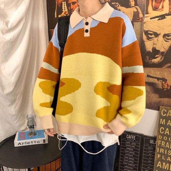 

men's sweaters autumn and winter stitching contrast color sweater fashion loose casual pullover streetwear korean men, White;black