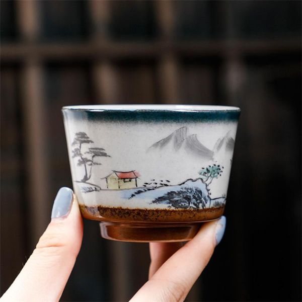 

cups & saucers jingdezhen ceramic hand-painted landscape tea cup creative kiln change porcelain retro master office set