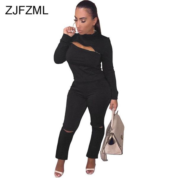 

two piece dress front zipper hole fashion 2 female tracksuit o neck long sleeve bandage and high waist pants sweatsuit, White