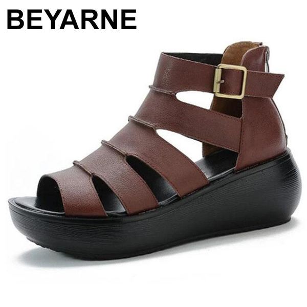 

sandals beyarnepromotional 2021 fish mouth summer shoes roman genuine leather thick-soled heighten women sandal, Black