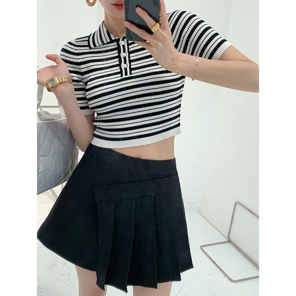 

women's t-shirt 2021 summer sweet hit color stripes woman tshirts turn down collar chic button design t shirt fashion elastic slim tee, White