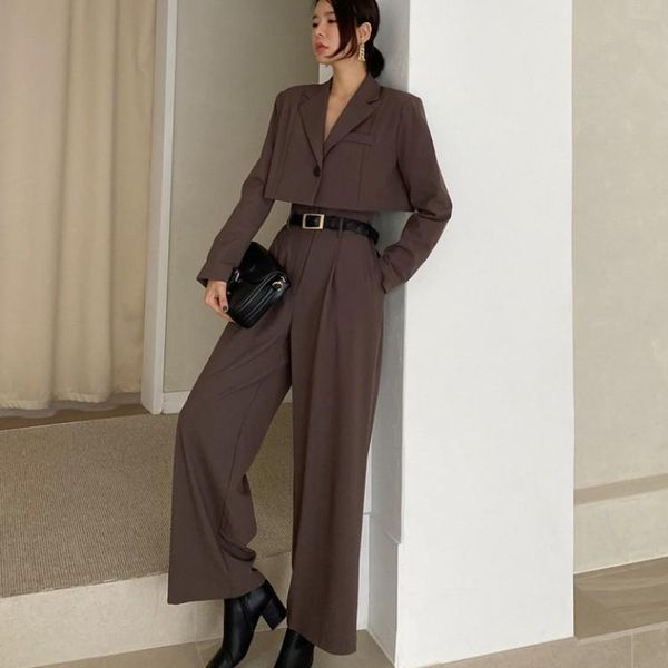 

women's two piece pants korea temperament office lady blazer suits vintage set women long sleeve short + high waist wide leg, White