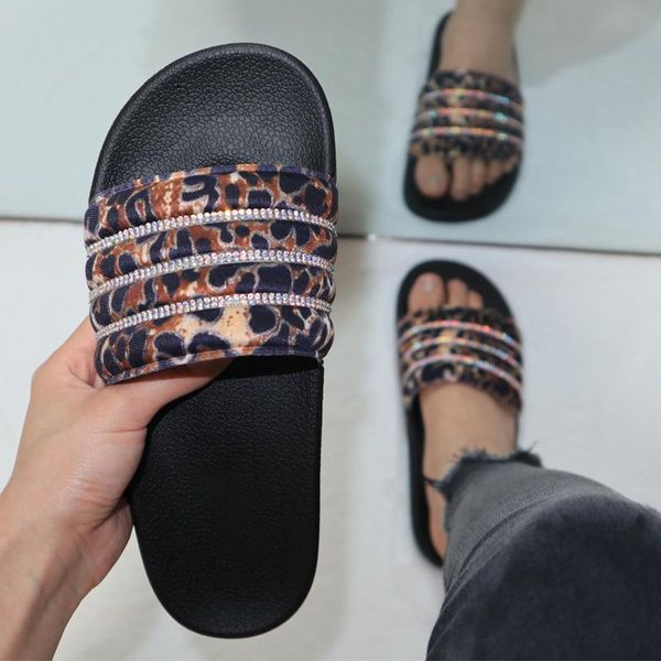 

women crystal ins slippers women's summer leopard slides woman rainbow color flats ladies footwear female beach shoes plus size, Black