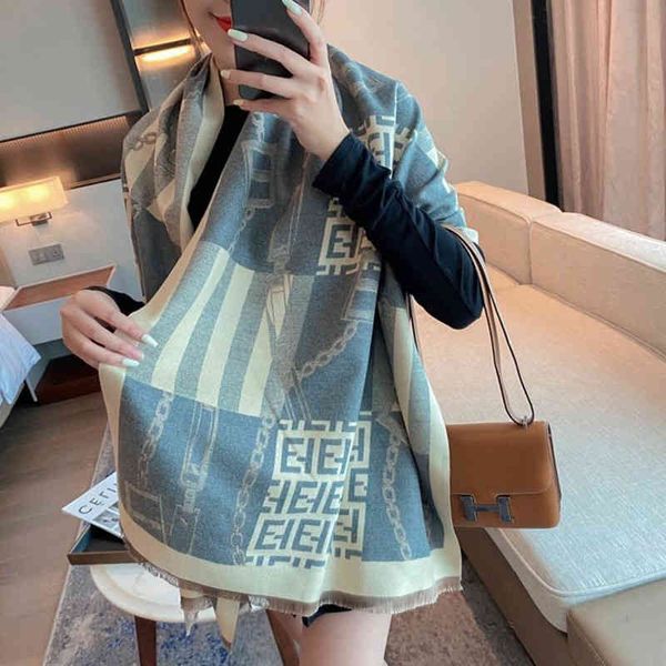

70% off design scarf autumn and winter women's new letter chain pattern imitation cashmere warm thickening versatile long shawl dual pu, Blue;gray