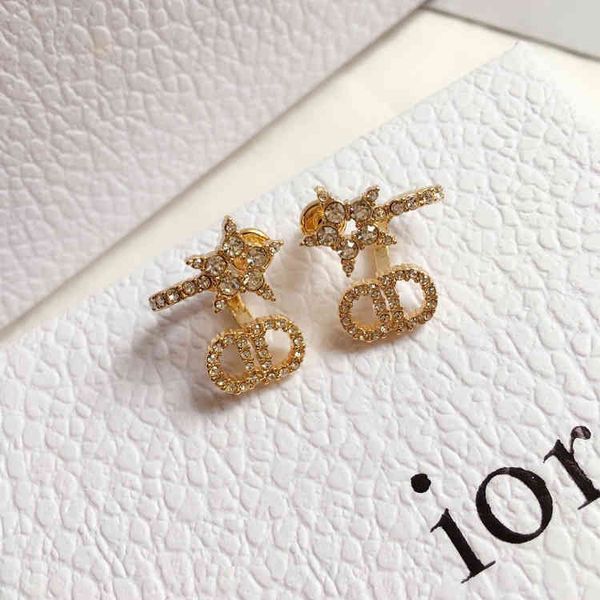 

factory specials aa designer 2021 five pointed star letter diamond inlaid brass 925 silver needle female earrings m8z7, Golden