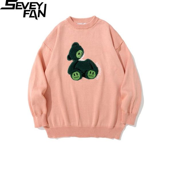 

men's sweaters seveyfan fashion cartoon bear flocking bf loose cotton kintwear hip hop pullover sweater for couples, White;black