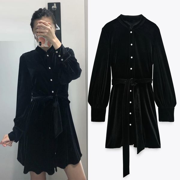 

dress women summer black velvet mini woman fall long sleeve korean ladies short club office es bow buttons 210430, Black;gray