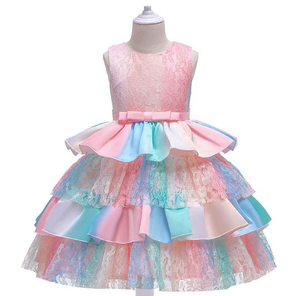 

girls dresses kids clothes children clothing wear skirt rainbow colorful princess tiered skirts lace ballet tutu dress b7631, Red;yellow