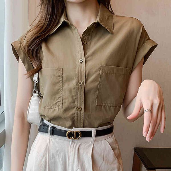 

office lady blusa faminina women pockets white female summer short sleeve thin loose vintage solid shirt 665b 210420