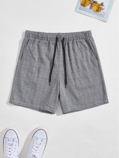 

men drawstring waist plaid shorts 09y7#, Black