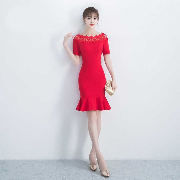 

evening luxury dresses toast 2021 fashion slim drs red fishtail back door cloth short, Black;red